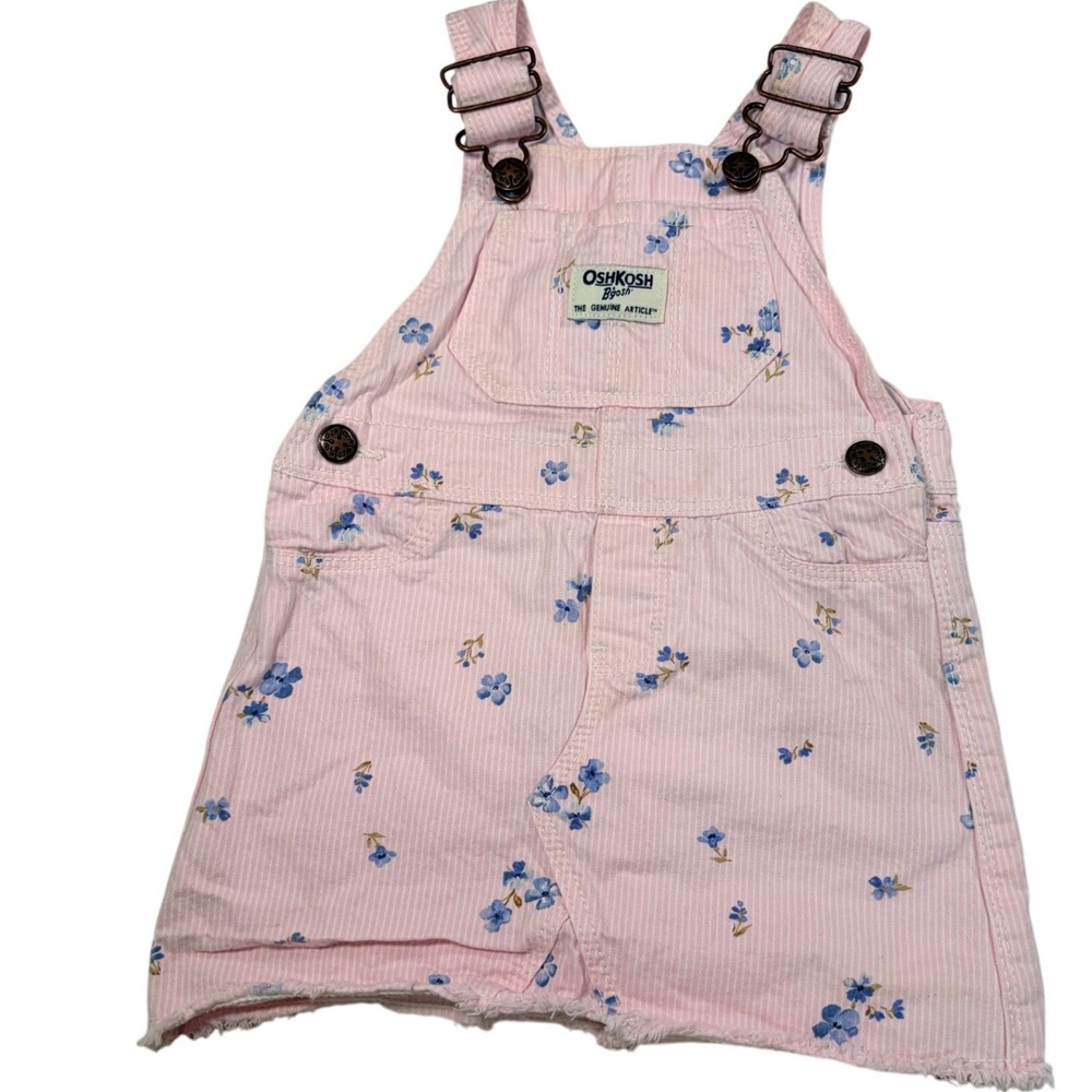 OshKosh Bgosh Baby Girls Pink Pinstripe Floral Overall Dress 18M Raw Hem